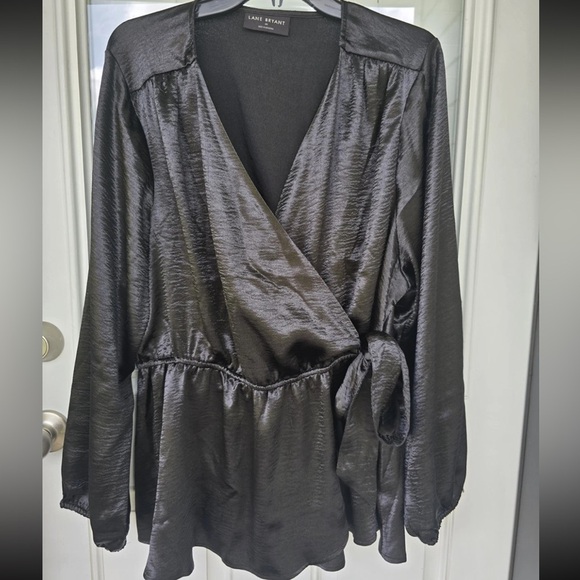 Lane Bryant Black Wrap Satin Blouse 20 Plus Long Sleeve Women Side Tie Normcore - Picture 5 of 11